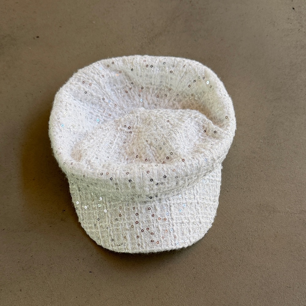 Y2K White Sequin Tweed Baker Boy Cap